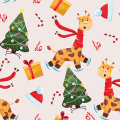 Obraz na płótnie Canvas Christmas seamless pattern with a giraffe, Christmas tree and gift boxes. Funny Christmas cartoon illustration with ice skating giraffe. For textile, wrapping paper, backgrounds, cards, packaging.