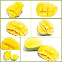 Collage with chopped half of ripe mango fruit isolated on white background