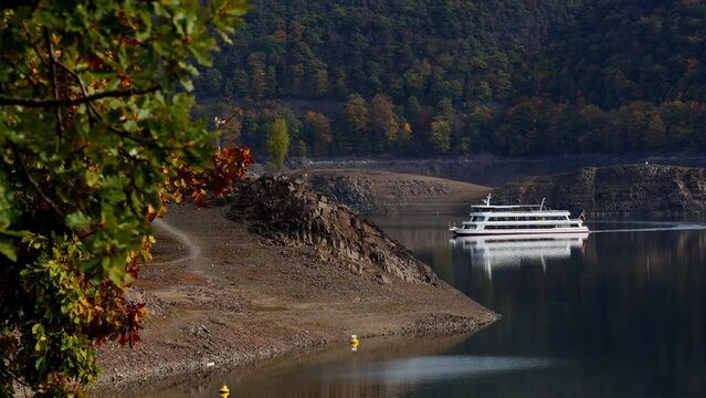 the german edersee lake with a passenger ship at very low water 4k 30fps video