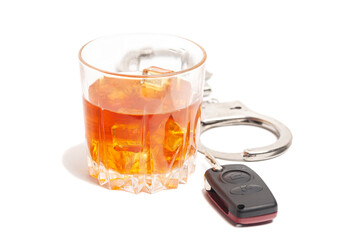 Concept for drinking and driving. Whiskey with car keys and handcuffs.