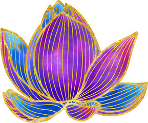 Hand drawn blue lotus with golden outline flower ornament
