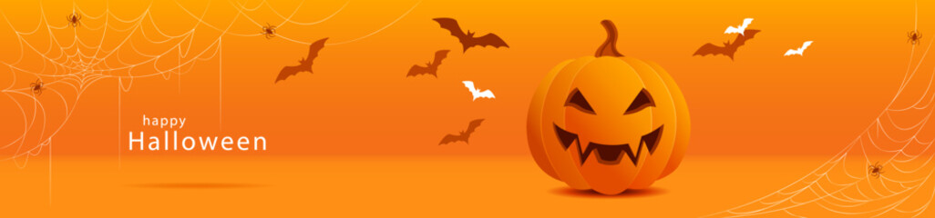 Orange banner with an evil smiling pumpkin for Halloween. Congratulatory vector illustration made in warm colors with the inscription "Happy Halloween".