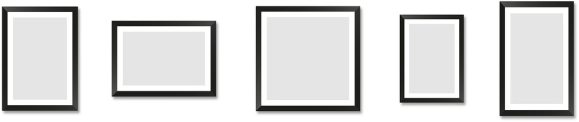 Obraz premium Realistic picture frame mockup rectangle, square collection. Blank frame border mockups. Isolated Black and white pictures frames mock-up on transparent background. PNG image