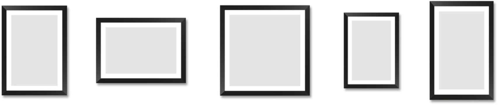 Realistic picture frame mockup rectangle, square collection. Blank frame border mockups. Isolated Black and white pictures frames mock-up on transparent background. PNG image