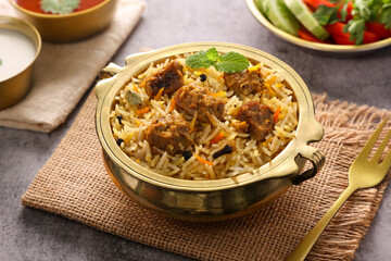 Mutton Gosht Biryani Spicy Indian Malabar lamb meat biryani Hyderabadi biryani, Dum Biriyani pulao , beef biryani Kerala India Sri Lanka Pakistan basmati rice mixed rice dish Ramadan Kareem, Eid