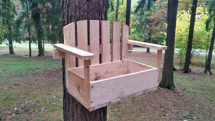 Naklejka premium The wooden feeder is fixed on the trunk of a pine tree in the coniferous area of a city park. It contains food left by people for squirrels and birds