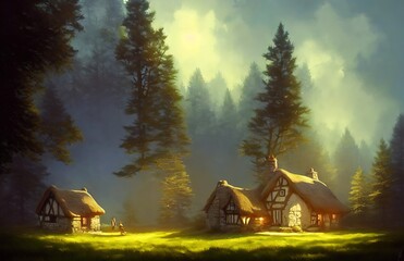 Small tudor cottage in a field near a pine forest. blue sky illustration