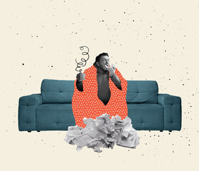 I'm sick. Contemporary art collage or design in magazine style about ill person with symptoms of virus, flu, headache, monkeypox at home. Concept of health, care, sickness, allergy, pandemic