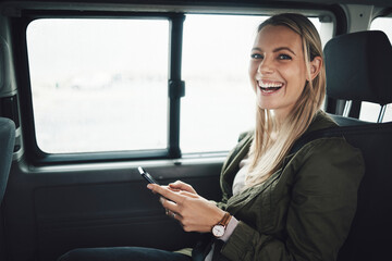 Woman, road trip and phone for location, gps and map of summer vacation holiday direction. Portrait, smile or happy tourist in car for adventure travel with 5g mobile technology for fun internet game