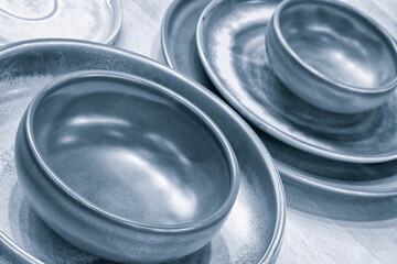 Empty blue gray plate as background.