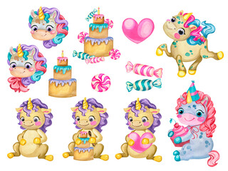 Unicorn watercolor illustration. pictures for birthday and holiday decorations.