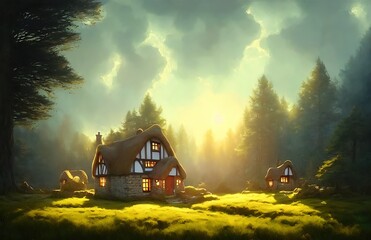 Small tudor cottage in a field near a pine forest. blue sky illustration