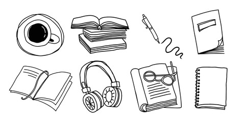 Study aesthetic set. Stack of books, coffee, headphones line art vector illustration