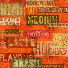 Fototapeta premium Colourful coffee composition with grunge and textured elements and typo. Orange and yelow different element. Creative digital artwork.