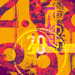 Abstract orange composition with purple and yellow elements and typography. Digital collage with grunge elements.