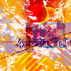 Modern abstract composition with orange, purple and yellow elements and typography. Digital collage with grunge elements and text.