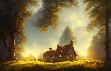 Fototapeta premium Small tudor cottage in a field near a pine forest. blue sky illustration