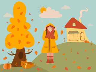 Autumn illustration with cute girl and fox