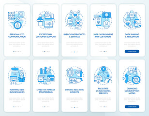 Fototapeta na wymiar IoT in business benefits blue onboarding mobile app screen set. Walkthrough 5 steps editable graphic instructions with linear concepts. UI, UX, GUI template. Myriad Pro-Bold, Regular fonts used