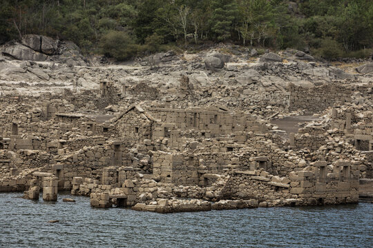 Abandoned old village of Vilarinho da Furna, Portugal. Submerged since 1971 because of the dam construction, emerged due to the current drought in this region - September 2022