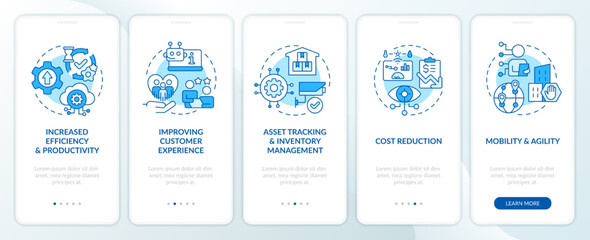 IoT business advantages blue onboarding mobile app screen. Walkthrough 5 steps editable graphic instructions with linear concepts. UI, UX, GUI template. Myriad Pro-Bold, Regular fonts used