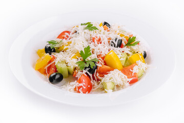 Fresh vegetable greek salad on white