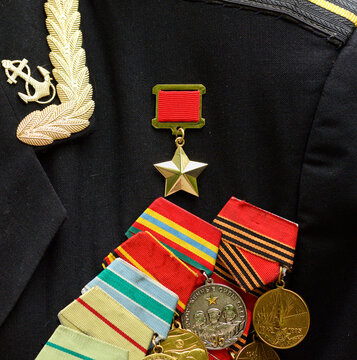 Medals and the Gold Star Medal of Hero of the Soviet Union on an uniform of a veteran of the Great Patriotic War