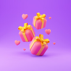 Gift Box with hearts. Valentine's Day holiday background. Colorful 3d rendering illustration.
