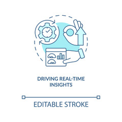 Boost real-time insights turquoise concept icon. Monitoring business data abstract idea thin line illustration. Isolated outline drawing. Editable stroke. Arial, Myriad Pro-Bold fonts used