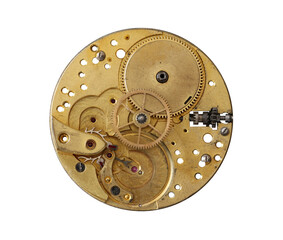 Dismantled clockwork mechanism on transparent background