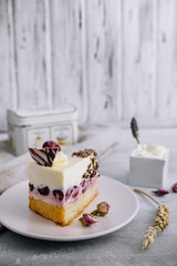 Slice of cherry cheesecake on plate