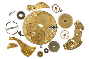 Disassembled clockwork mechanism - various part of clockwork mechanism on transparent background - 539968126