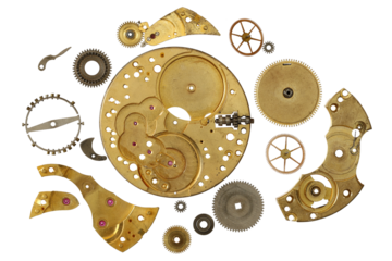 Disassembled clockwork mechanism - various part of clockwork mechanism on transparent background