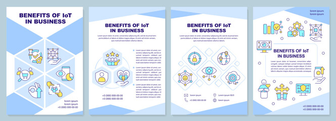 Fototapeta na wymiar IoT benefits in business blue brochure template. Innovation. Leaflet design with linear icons. Editable 4 vector layouts for presentation, annual reports. Arial-Black, Myriad Pro-Regular fonts used