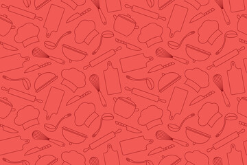 red seamless pattern restaurant, kitchen, cooking utensils icons-great for wrapping, menu, textile, wallpaper, greeting card- vector illustration