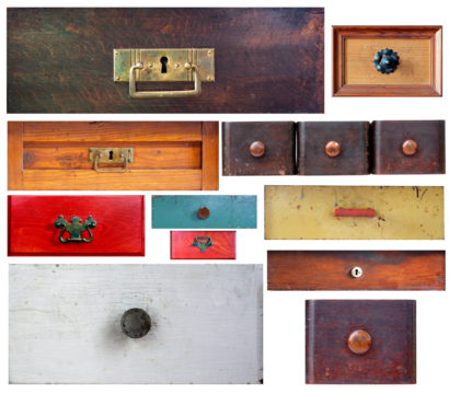 Various old drawers on transparent background