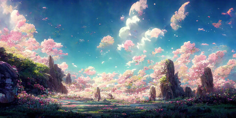 WIde Angle Japanese Anime Landscape Background. Clear Sky with Dynamic Sunlight See Through Sakura Cloud. Sakura Tree. Beautiful Wildness Fantasy Scenery.