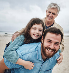 Men, family generations and piggyback child at beach, fun and happy together, bonding outdoor and travel in nature. Smile in portrait, father and grandfather with kid, spending quality time and love.