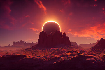 Alien planet desert landscape dramatic sundown at golden hour  3d rendering