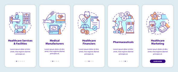 Healthcare industry key segments onboarding mobile app screen. Walkthrough 5 steps editable graphic instructions with linear concepts. UI, UX, GUI template. Myriad Pro-Bold, Regular fonts used