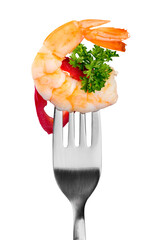 Peeled shrimp on a fork isolated on white background