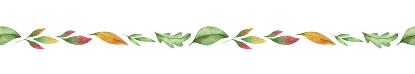 Watercolor seamless border with green, orange and yellow leaves. Repeatable frame for holiday design creating