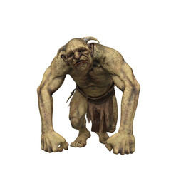 Fototapeta na wymiar Troll fantasy creature with inquisative expression and leaning on hands.