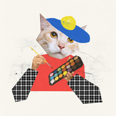 Contemporary art collage. Creative design. Cat's head in image of artist with female hands holding paints. Making paintings © Lustre Art Group 