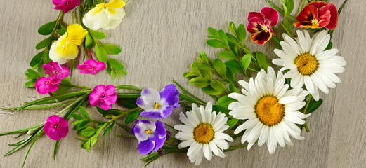 Floral pattern of chamomiles, phloxes and violas on a wooden background. Wide photo for postcards.