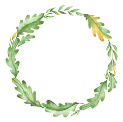 Watercolor wreath with fall foliage. Delicate frame with oak leaves, forest branches