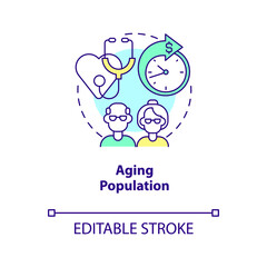 Aging population concept icon. Costly healthcare reason. Increasing median age abstract idea thin line illustration. Isolated outline drawing. Editable stroke. Arial, Myriad Pro-Bold fonts used