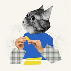 Contemporary art collage. Creative design. Cat's head with female hands making figures out of plasticine