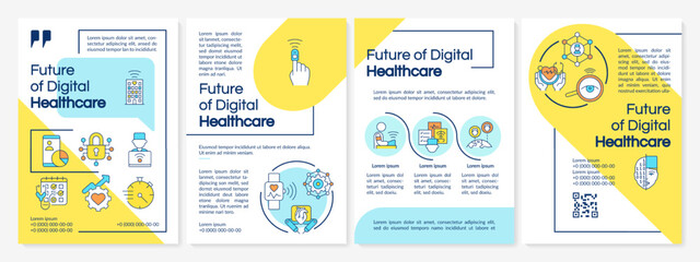 Future of digital health sector blue and yellow brochure template. Leaflet design with linear icons. Editable 4 vector layouts for presentation, annual reports. Questrial, Lato Regular fonts used © bsd studio