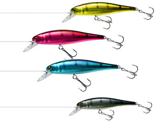 Attractive and interesting colorful fishing lure wobblers in four cmyk colors isolated